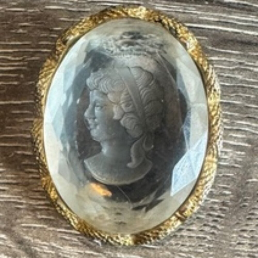 Vintage Frosted Clear Resin Gold Tone Oval Brooch Pin